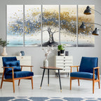 Silver Tree Wall Art | Framed Golden Leaves Canvas Artwork