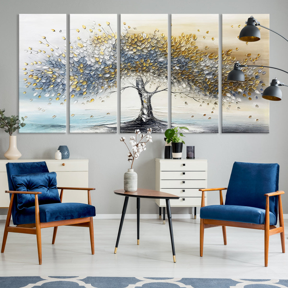 Silver Tree Wall Art | Framed Golden Leaves Canvas Artwork