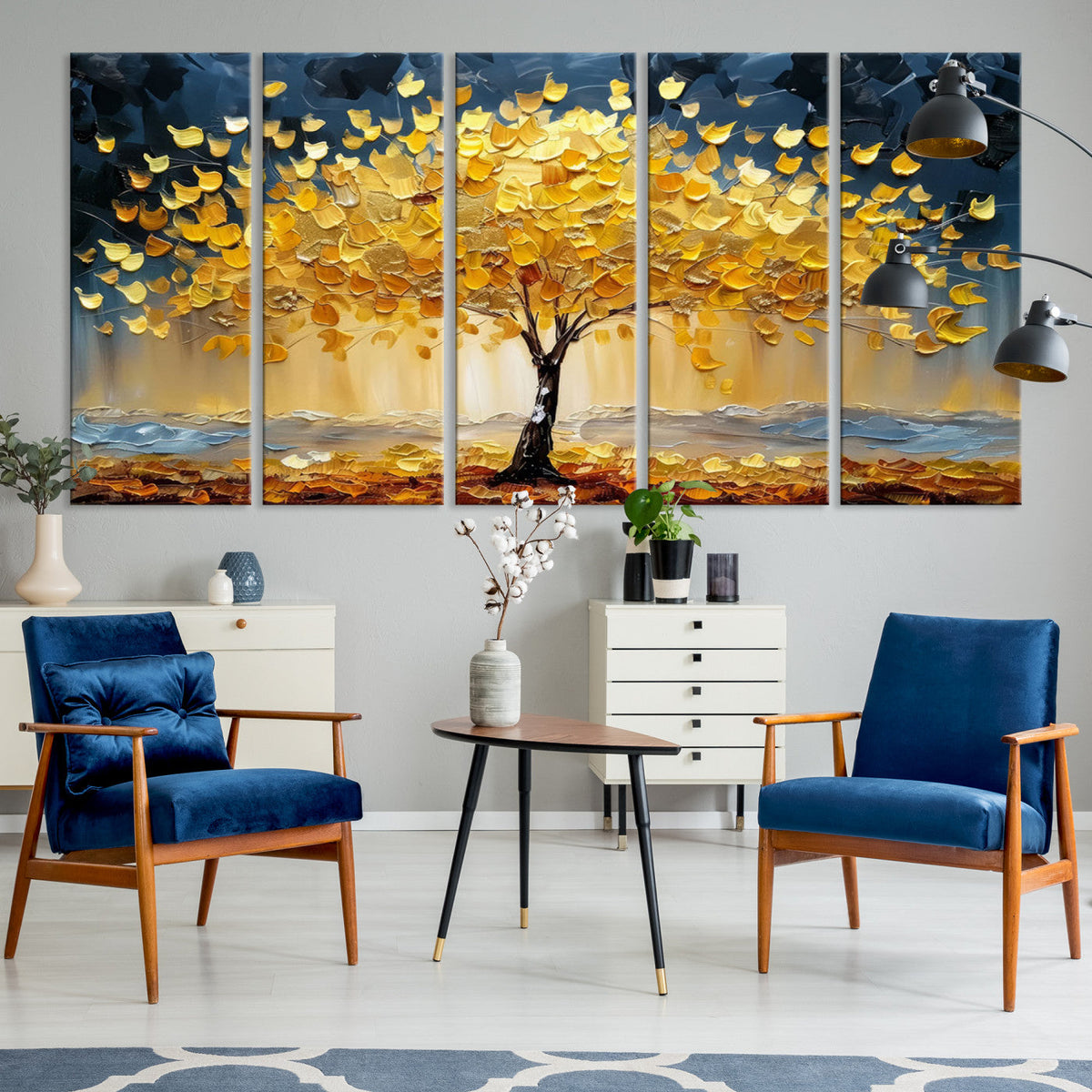 Golden Tree Wall Art | Framed Autumn Leaves Canvas Artwork