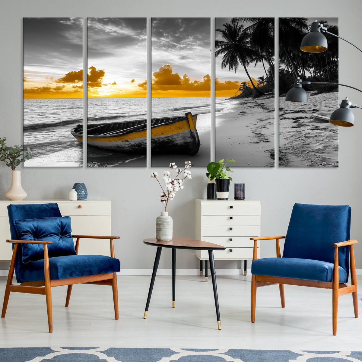 Yellow Rowboat Wall Art | Framed Tropical Shoreline Canvas