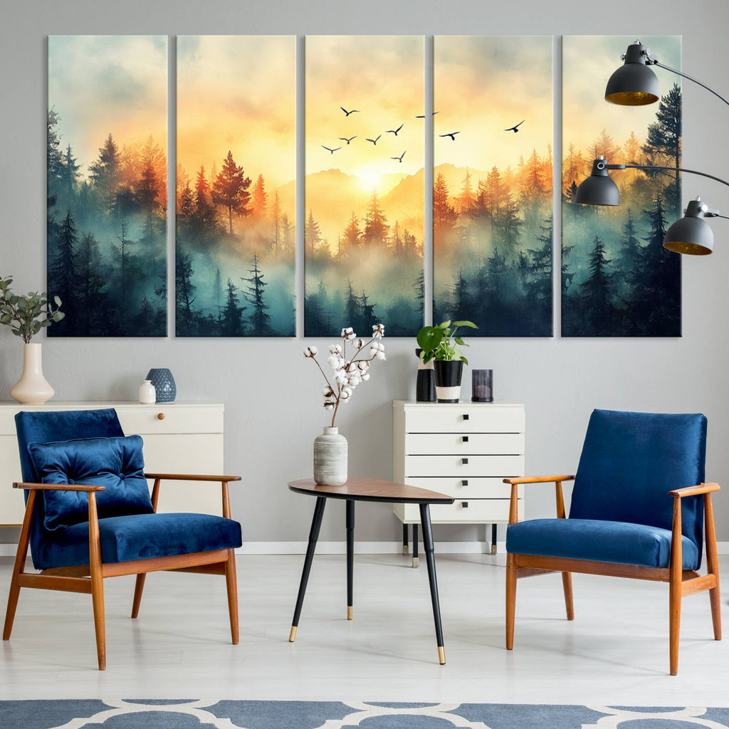 Sunrise Forest Wall Art | Framed Misty Pines Canvas Artwork