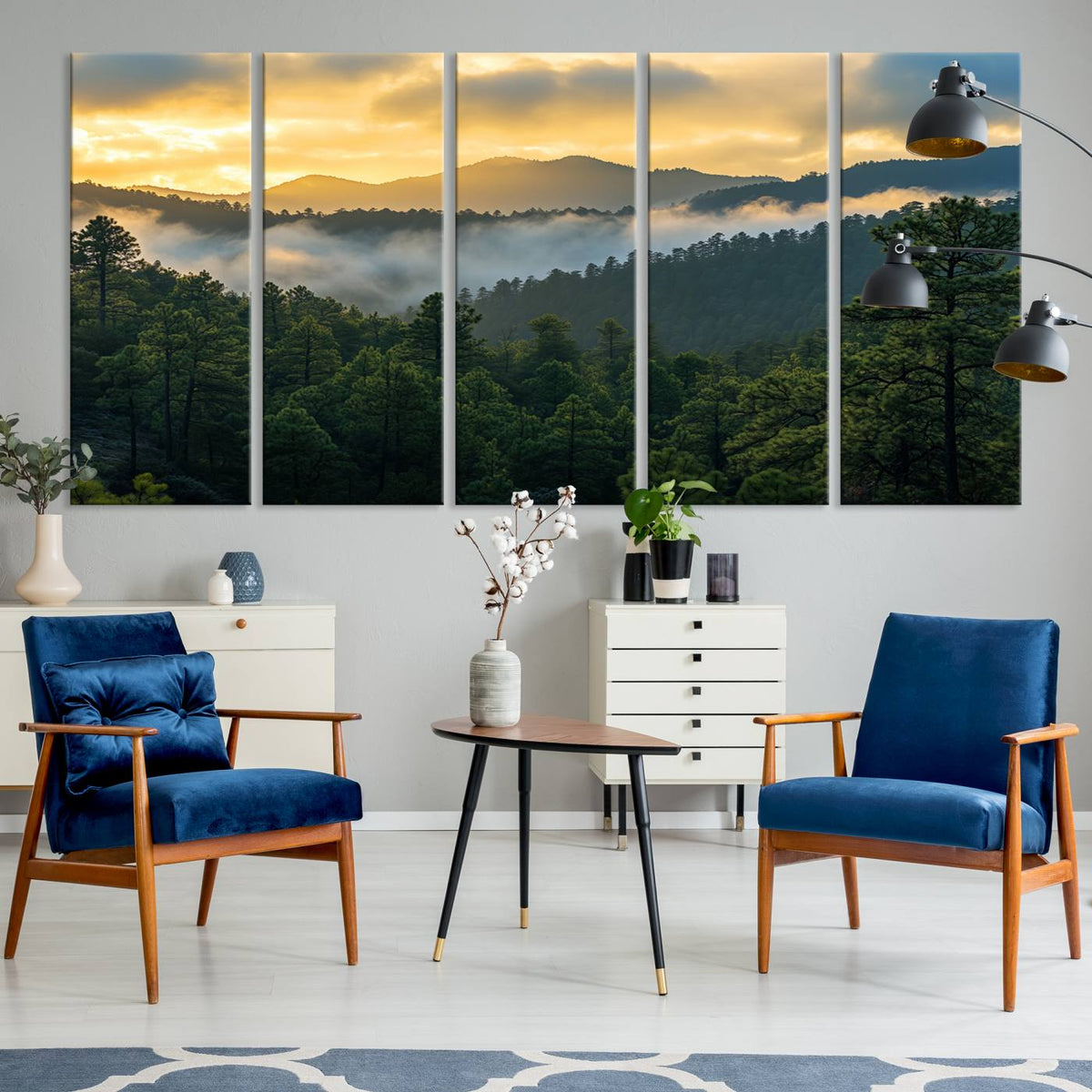 Mountain Sunrise Wall Art | Framed Pine Forest Canvas