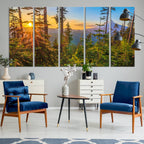 Forest Sunset Wall Art Canvas Print | Green Pines in Golden Light