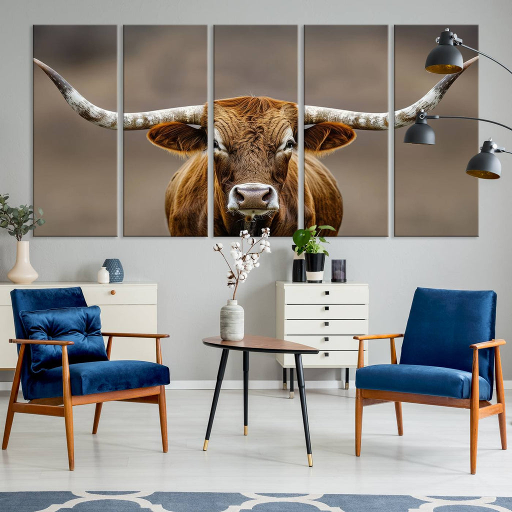 Texas Longhorn Wall Art Canvas Print | Rustic Brown Bull Western Decor