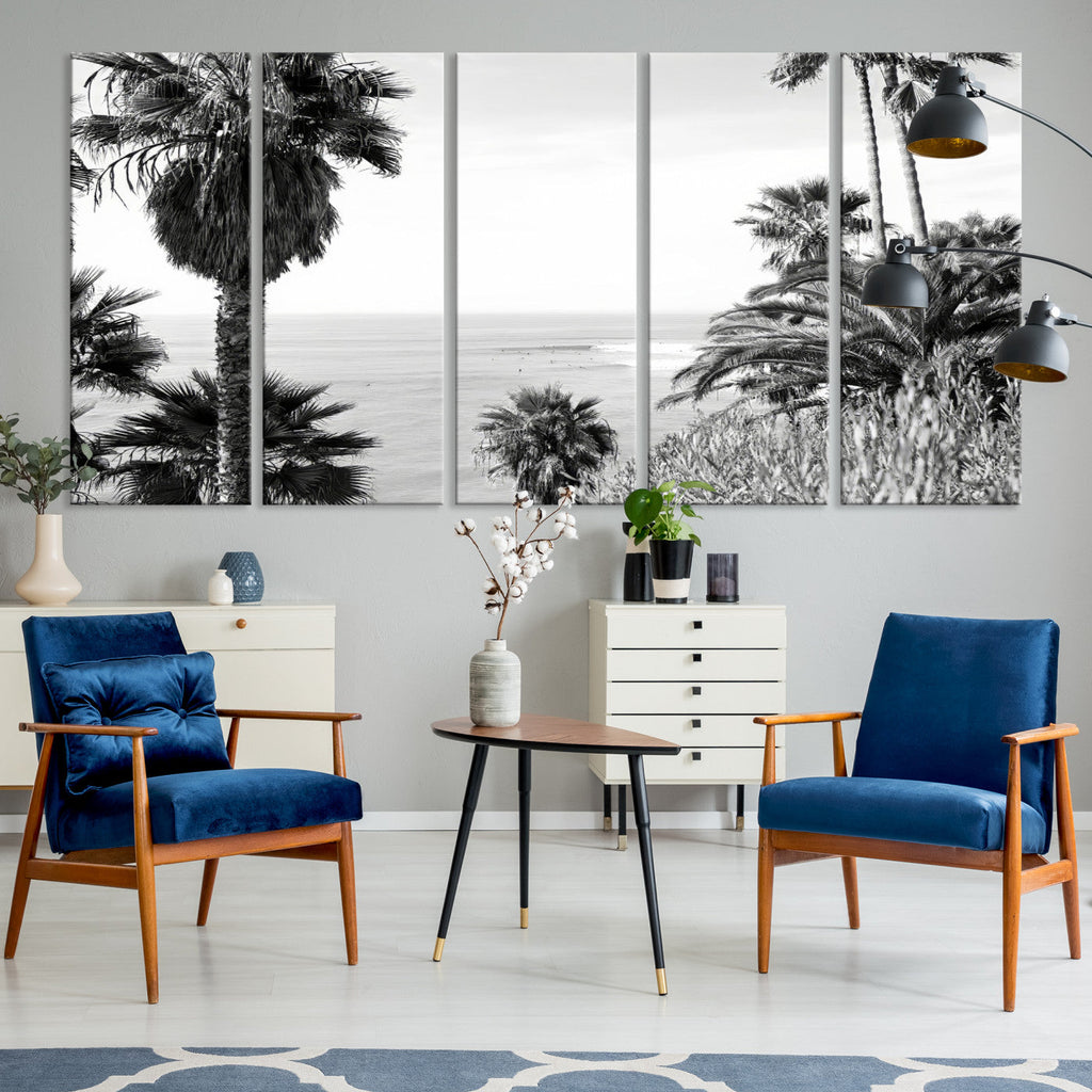 Palm Trees Wall Art Canvas Print, Framed Coastal Ocean Horizon Monochrome Art