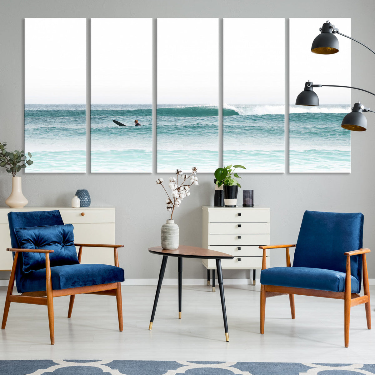 Surfing Wall Art Canvas Print, Framed Minimalist Ocean Waves Beach Art
