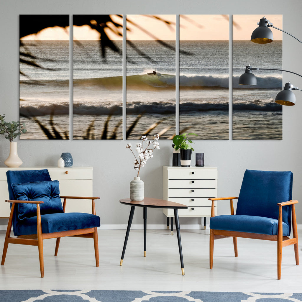 Sunset Surf Wall Art Canvas Print, Framed Golden Hour Waves Boho Beach Art