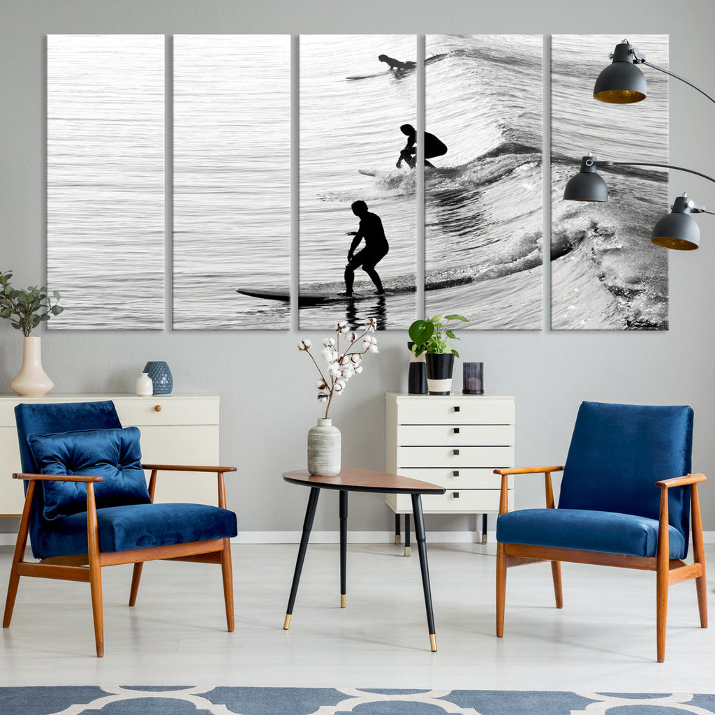 Surfers on Waves Wall Art Canvas Print | Framed Black and White Surf