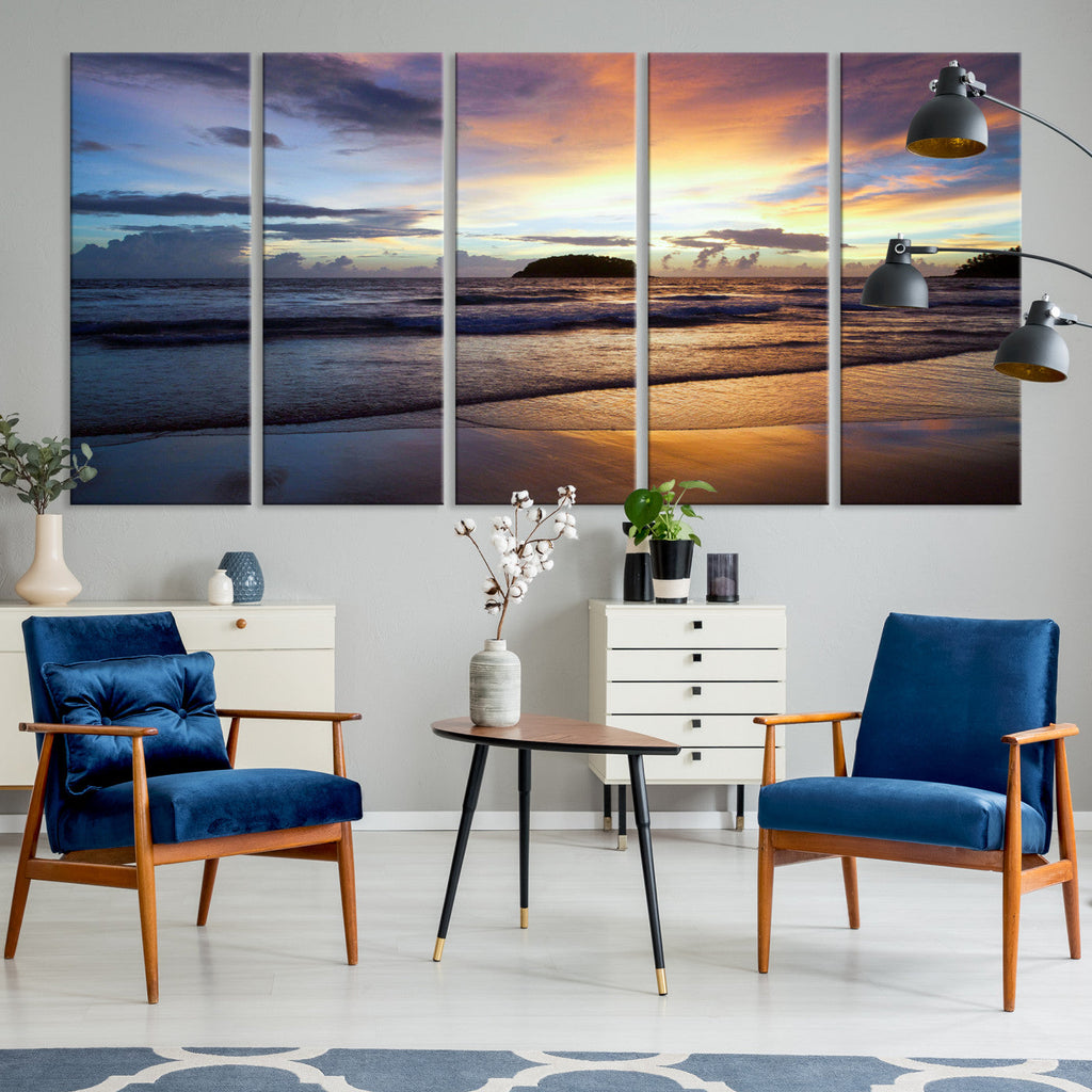 Beach Sunset Wall Art Canvas Print, Tropical Ocean Waves