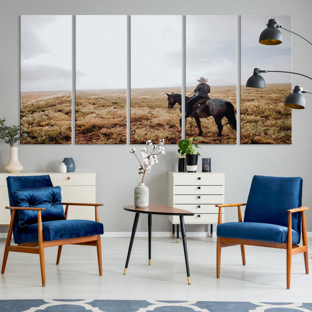 Cowboy Wall Art Canvas Print, Framed Western Rustic Ranch Scene