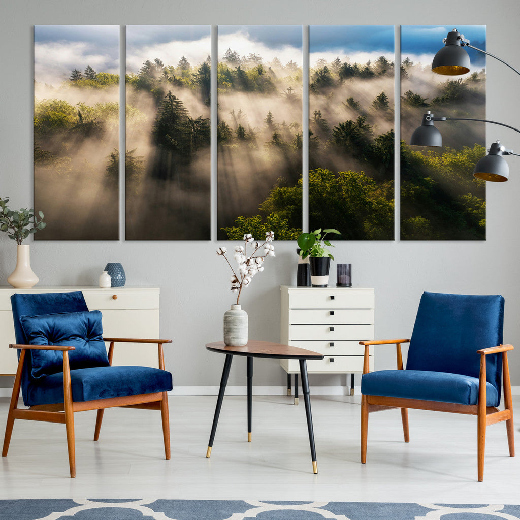 Tranquil Forest Scene Wall Art Canvas Print, Framed Moody Sunbeam Through Trees