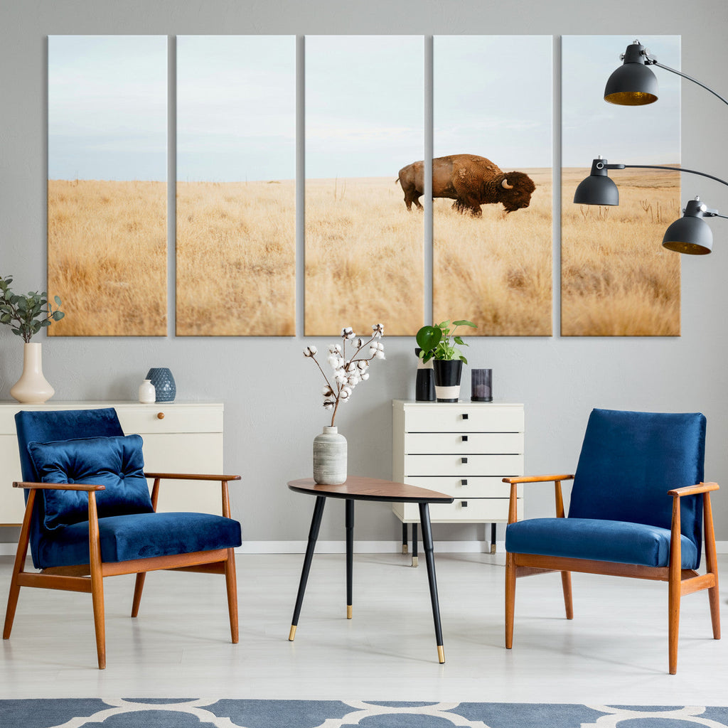 Buffalo Wall Art Canvas Print, Framed Western Wildlife Rustic Prairie Scene