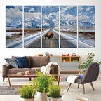 Bison Wall Art | Snowy Road Wall Art | Framed Mountain Landscape Canvas