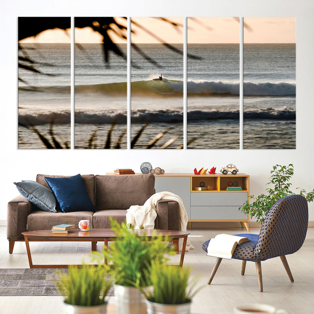 Sunset Surf Wall Art Canvas Print, Framed Golden Hour Waves Boho Beach Art