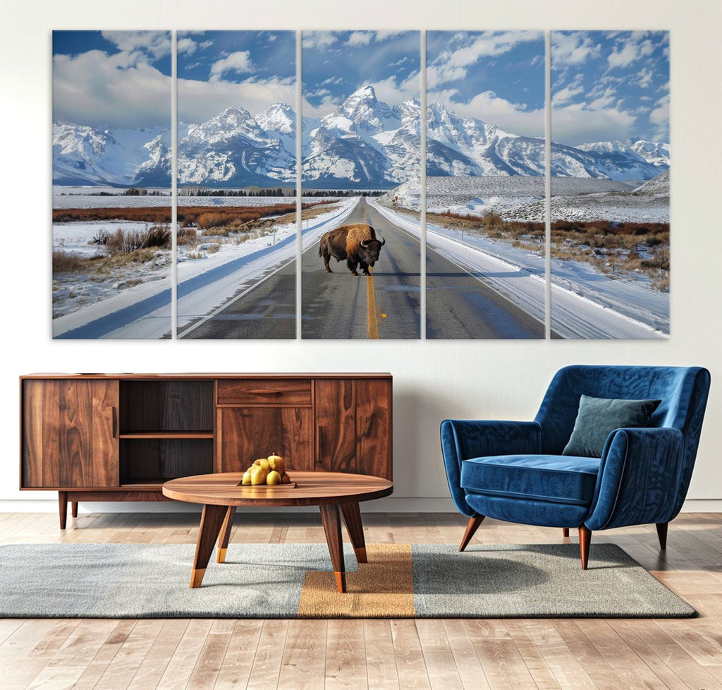 Bison Wall Art | Snowy Road Wall Art | Framed Mountain Landscape Canvas
