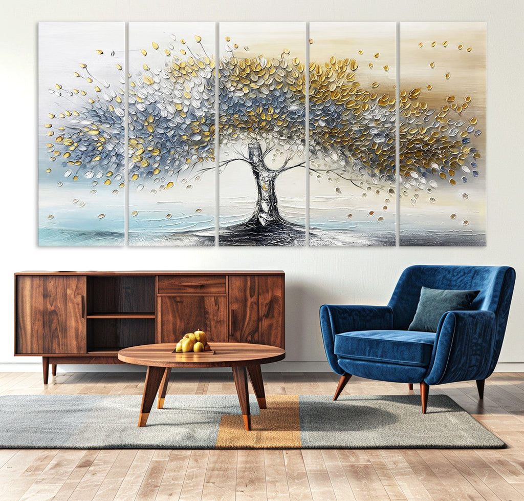 Silver Tree Wall Art | Framed Golden Leaves Canvas Artwork