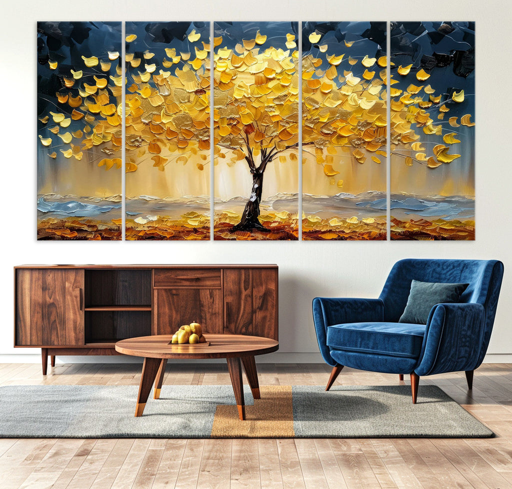 Golden Tree Wall Art | Framed Autumn Leaves Canvas Artwork