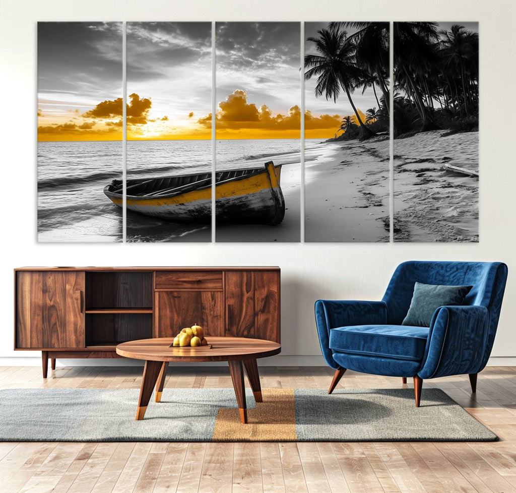 Yellow Rowboat Wall Art | Framed Tropical Shoreline Canvas