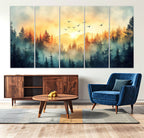 Sunrise Forest Wall Art | Framed Misty Pines Canvas Artwork