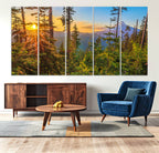 Forest Sunset Wall Art Canvas Print | Green Pines in Golden Light