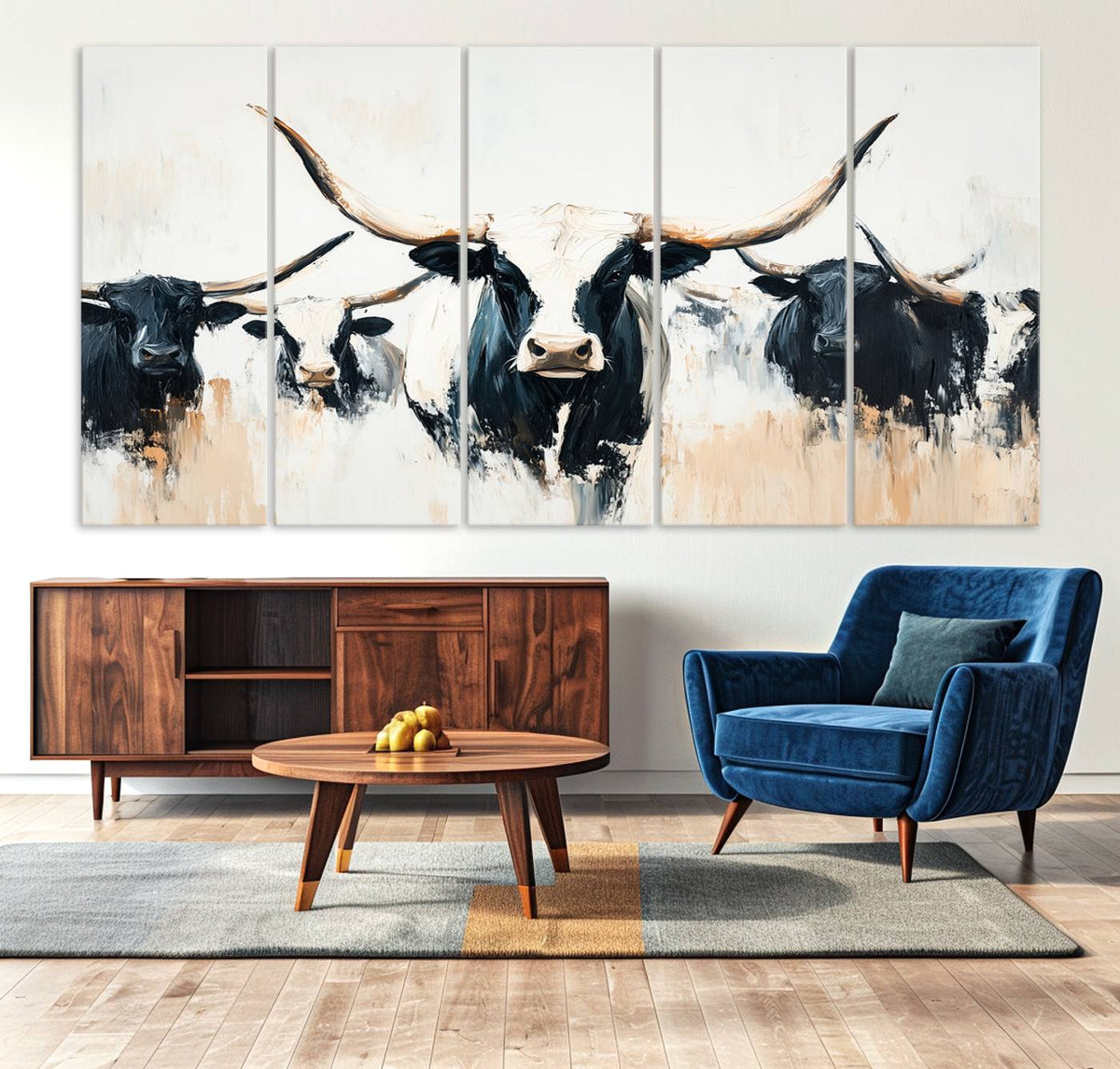 Texas Longhorn Wall Art Canvas Print | Majestic Horned Bull in Black and White