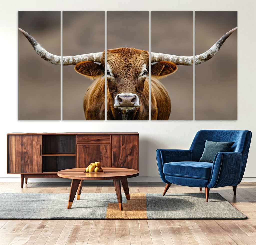 Texas Longhorn Wall Art Canvas Print | Rustic Brown Bull Western Decor