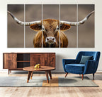 Texas Longhorn Wall Art Canvas Print | Rustic Brown Bull Western Decor