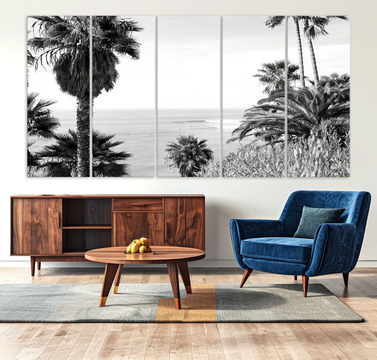 Palm Trees Wall Art Canvas Print, Framed Coastal Ocean Horizon Monochrome Art