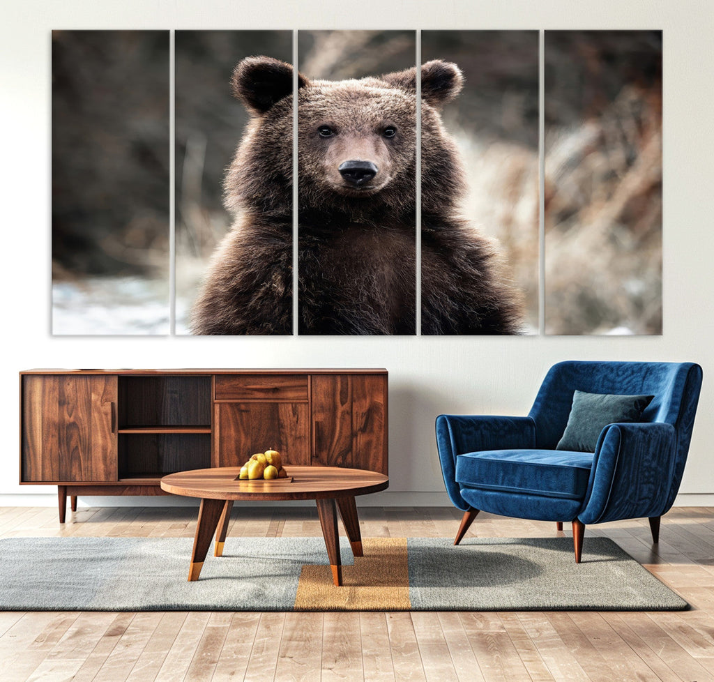 Brown Bear Wall Art Canvas Print, Framed Majestic Woodland Wildlife Cabin Art