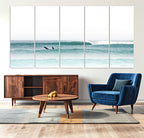 Surfing Wall Art Canvas Print, Framed Minimalist Ocean Waves Beach Art