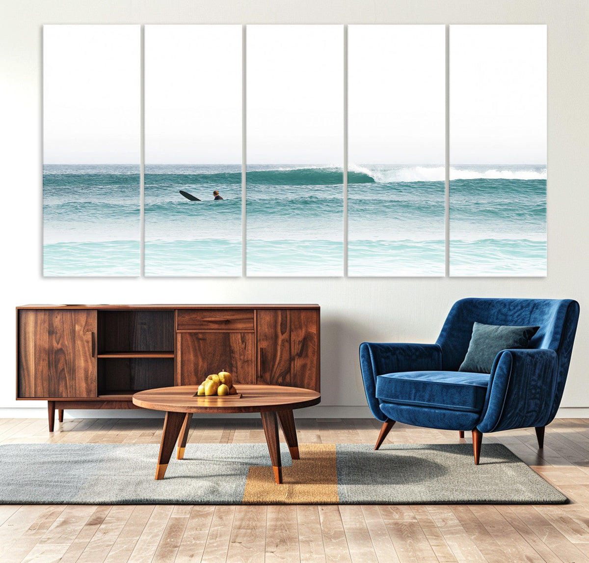 Surfing Wall Art Canvas Print, Framed Minimalist Ocean Waves Beach Art