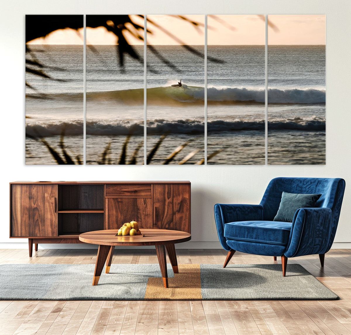 Sunset Surf Wall Art Canvas Print, Framed Golden Hour Waves Boho Beach Art