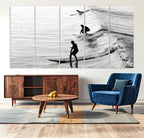 Surfers on Waves Wall Art Canvas Print | Framed Black and White Surf