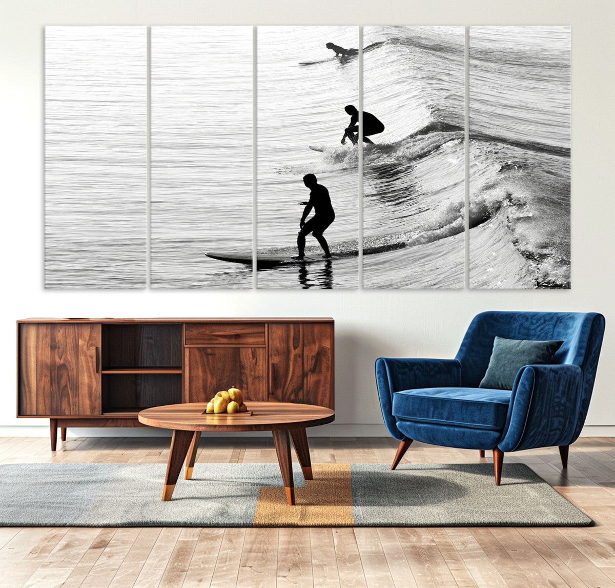 Surfers on Waves Wall Art Canvas Print | Framed Black and White Surf
