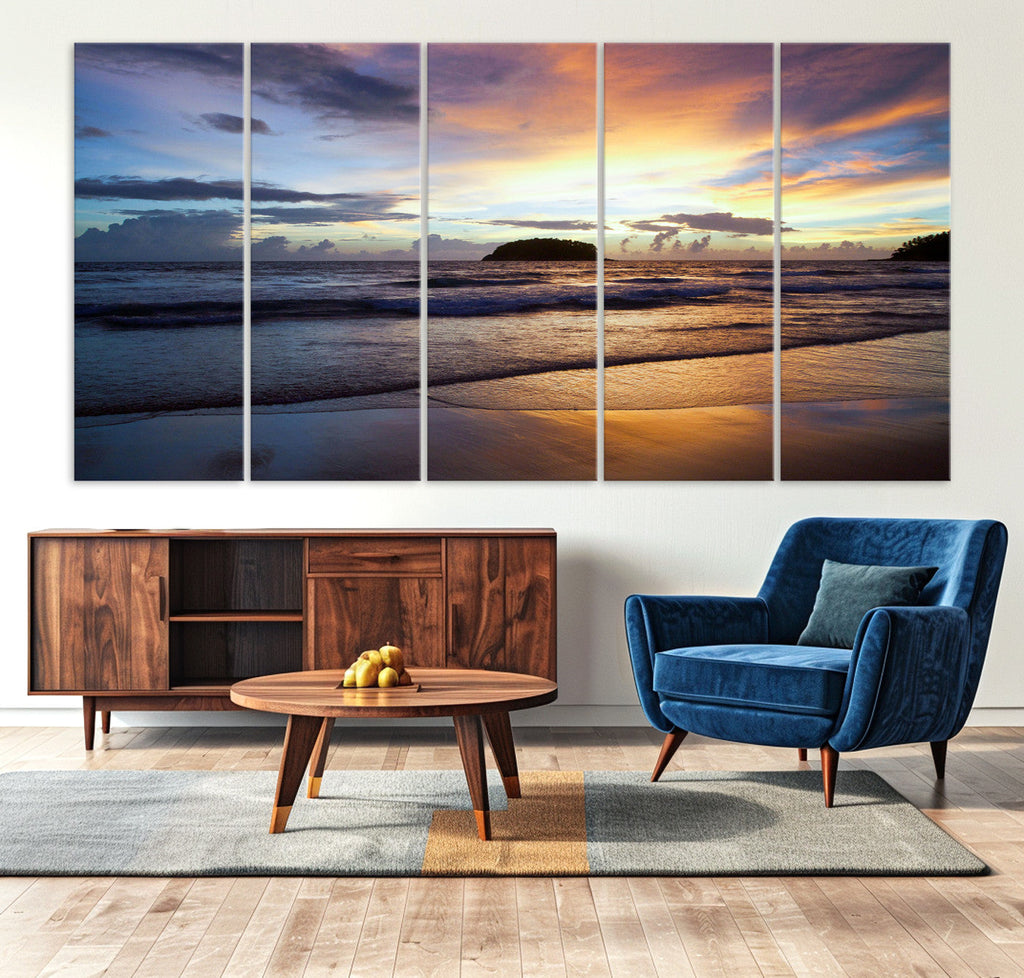 Beach Sunset Wall Art Canvas Print, Tropical Ocean Waves