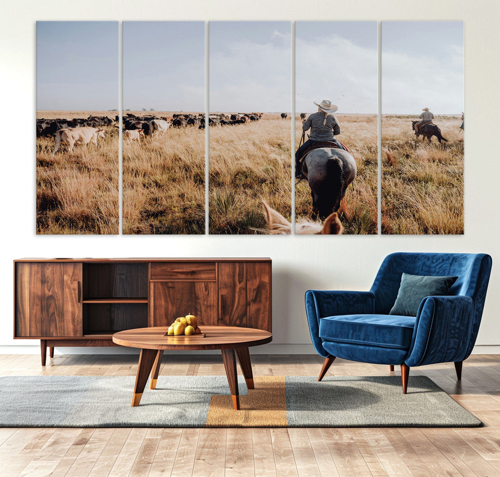 Western Wall Art Canvas Print, Framed Cowboy Cattle Drive Scene
