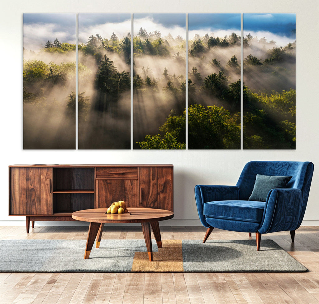 Tranquil Forest Scene Wall Art Canvas Print, Framed Moody Sunbeam Through Trees