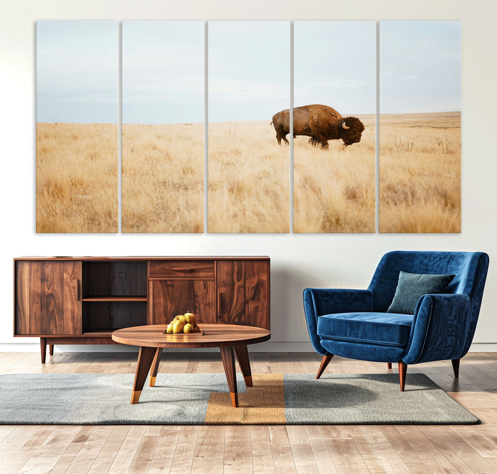 Buffalo Wall Art Canvas Print, Framed Western Wildlife Rustic Prairie Scene