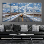 Bison Wall Art | Snowy Road Wall Art | Framed Mountain Landscape Canvas