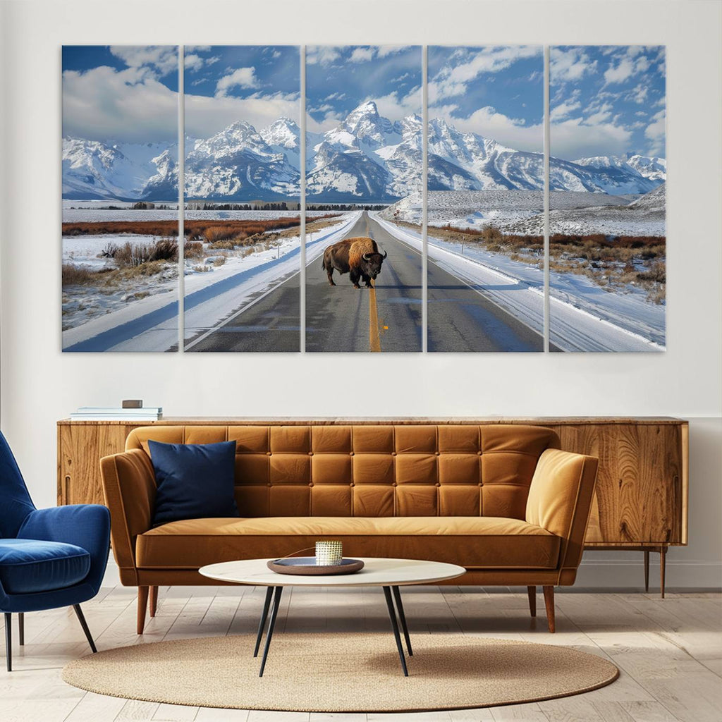 Bison Wall Art | Snowy Road Wall Art | Framed Mountain Landscape Canvas