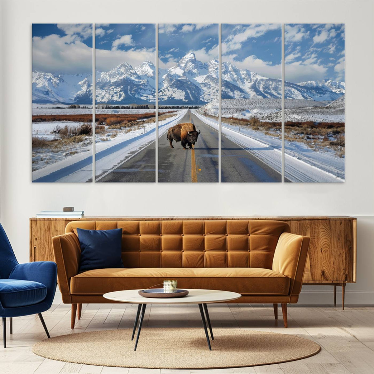 Bison Wall Art | Snowy Road Wall Art | Framed Mountain Landscape Canvas