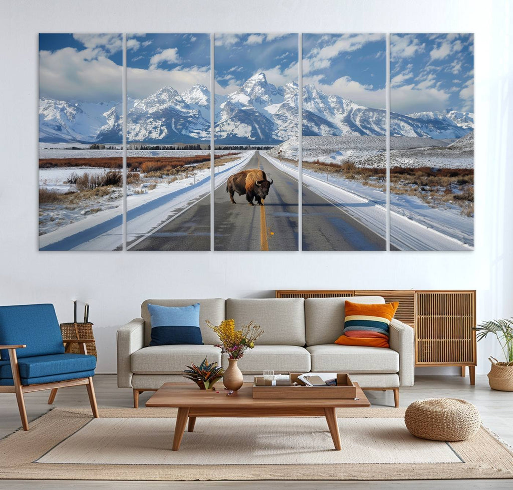 Bison Wall Art | Snowy Road Wall Art | Framed Mountain Landscape Canvas