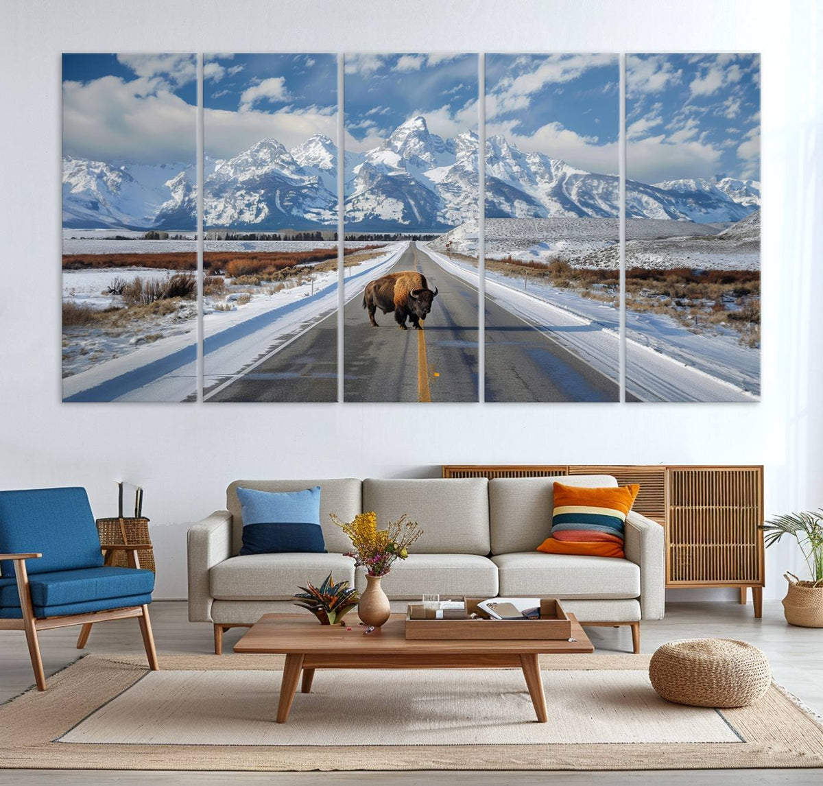 Bison Wall Art | Snowy Road Wall Art | Framed Mountain Landscape Canvas
