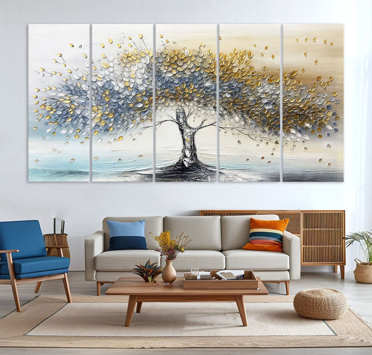 Silver Tree Wall Art | Framed Golden Leaves Canvas Artwork