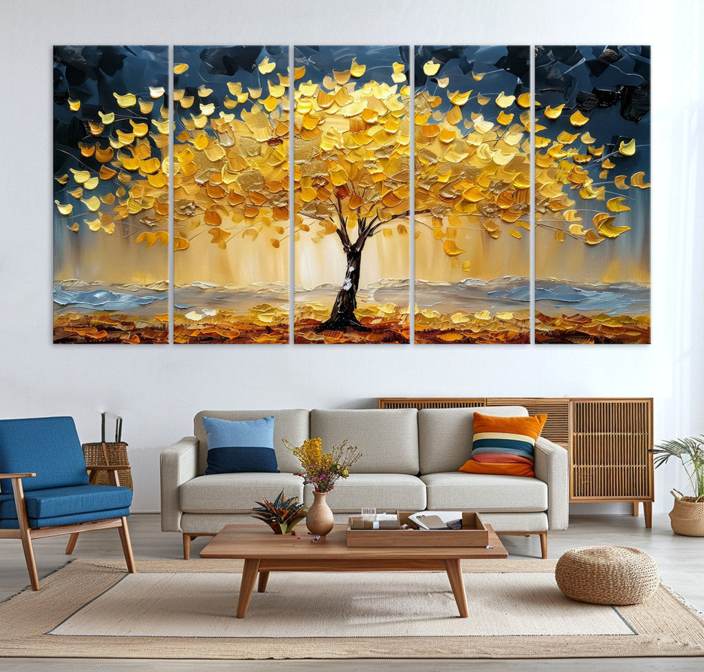 Golden Tree Wall Art | Framed Autumn Leaves Canvas Artwork