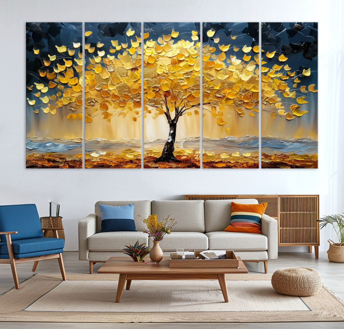 Golden Tree Wall Art | Framed Autumn Leaves Canvas Artwork