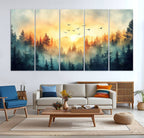 Sunrise Forest Wall Art | Framed Misty Pines Canvas Artwork