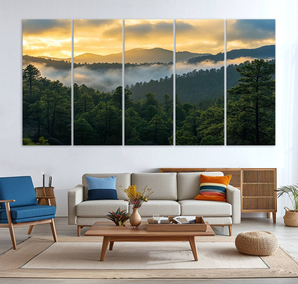 Mountain Sunrise Wall Art | Framed Pine Forest Canvas