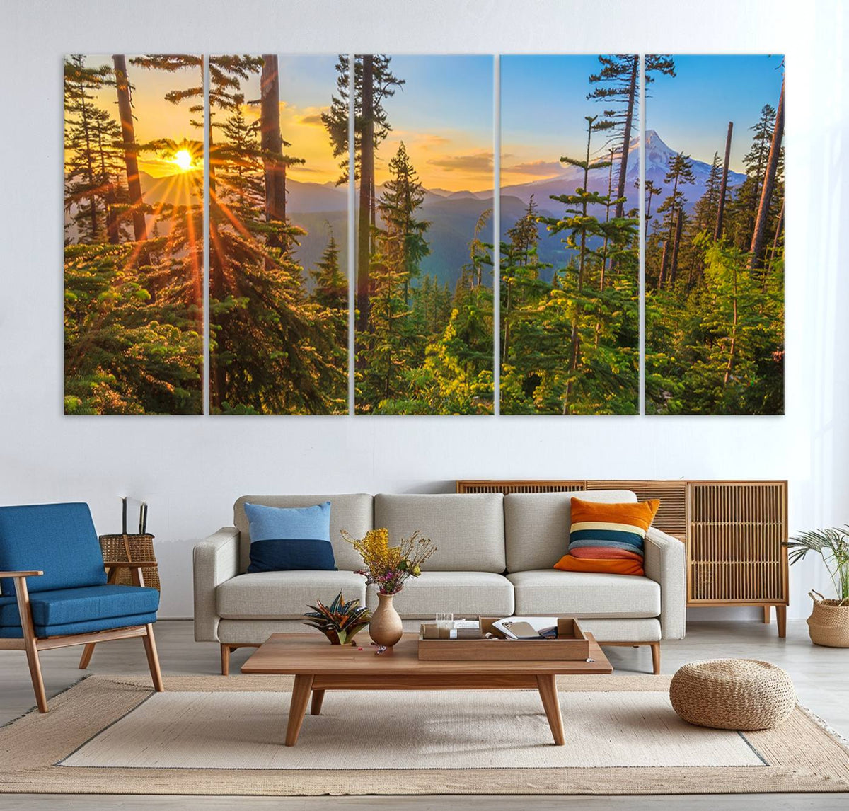 Forest Sunset Wall Art Canvas Print | Green Pines in Golden Light