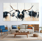 Texas Longhorn Wall Art Canvas Print | Majestic Horned Bull in Black and White